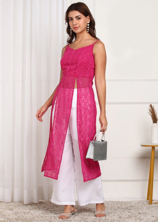 Women's Pink Lace Long Kurti | Stylish Party Wear Set