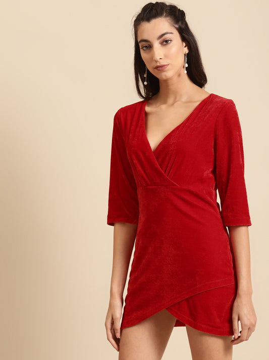 Red Velvet Bodycon Mini Dress with Wrap Hem