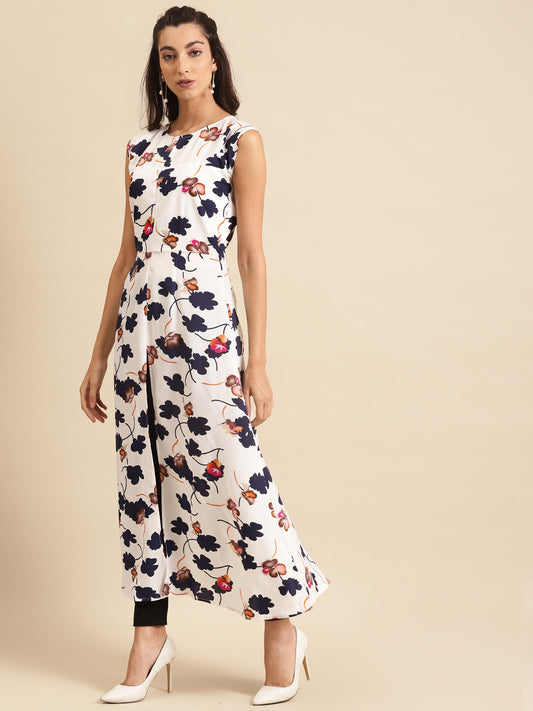 White Floral Straight Kurta with Cap Sleeves – Elegant Summer