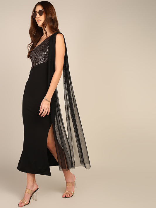 Elegant One-Shoulder Sequin Dress with Tulle Detail
