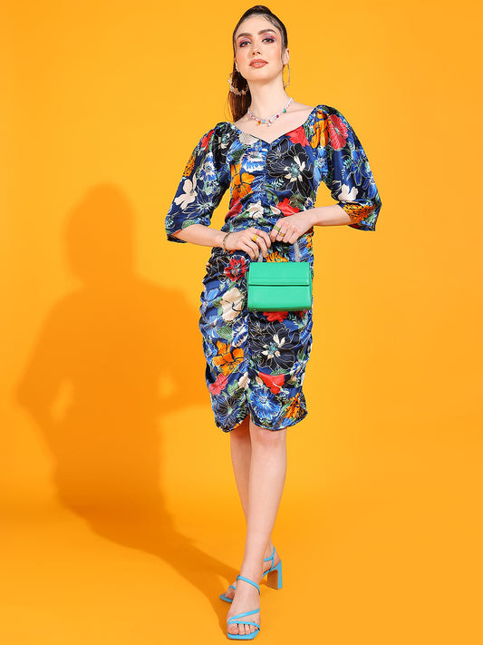 Women's Ruched Floral Bodycon Dress with Puff Sleeves in Multicolor Satin Finish