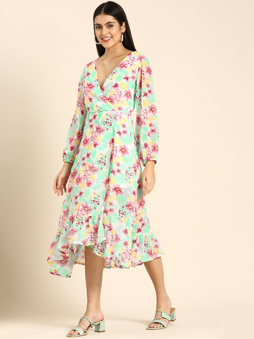 Tropical Mint Green Floral Wrap Dress with Ruffle Hem Vacation-Ready Midi Dress
