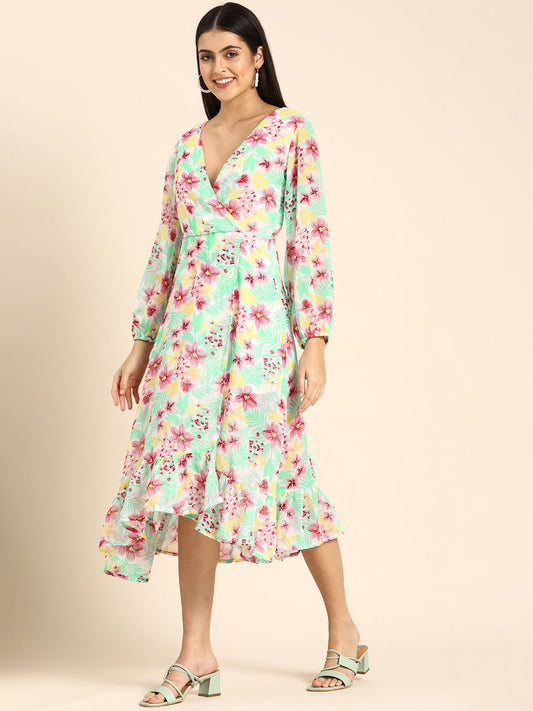 Tropical Mint Green Floral Wrap Dress with Ruffle Hem Vacation-Ready Midi Dress