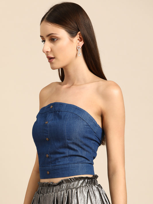 Women’s Strapless Denim Crop Top | Front Button Tube Top
