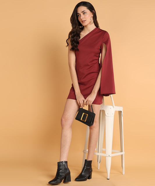 Maroon One-Shoulder Bodycon Mini Dress with Flared Sleeve for Women