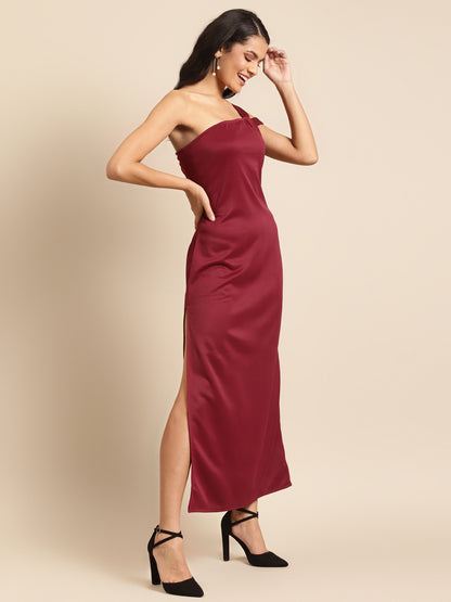 Maroon One-Shoulder Satin Maxi Dress for Women | Elegant Party Gown