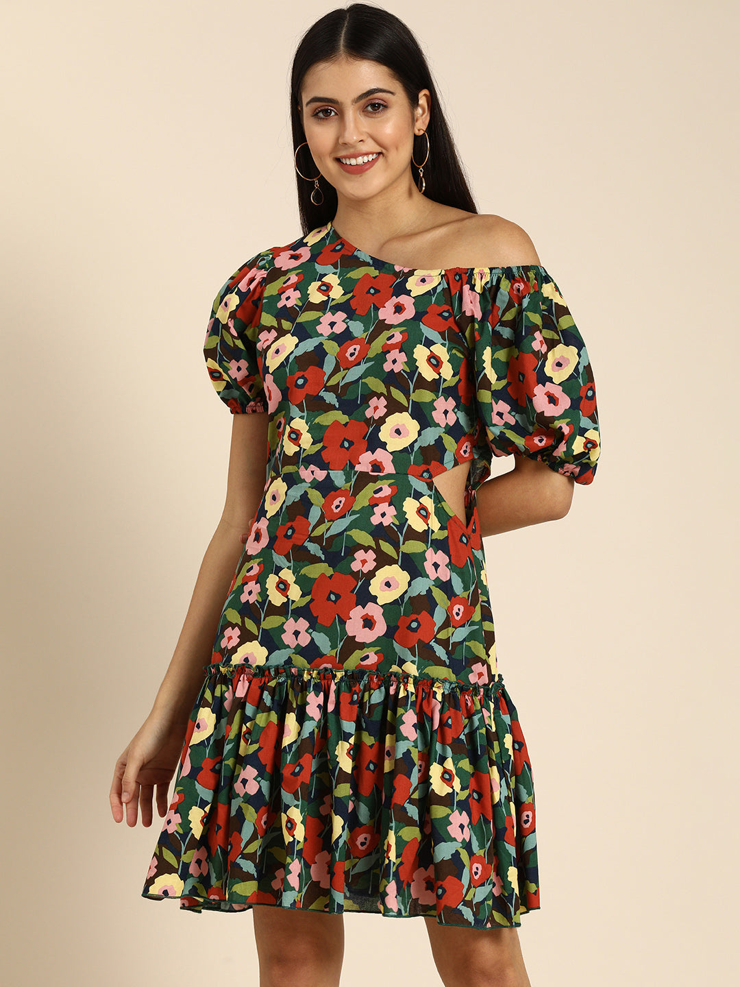 Multicolor One Shoulder Floral Print Mini Dress with Puff Sleeves