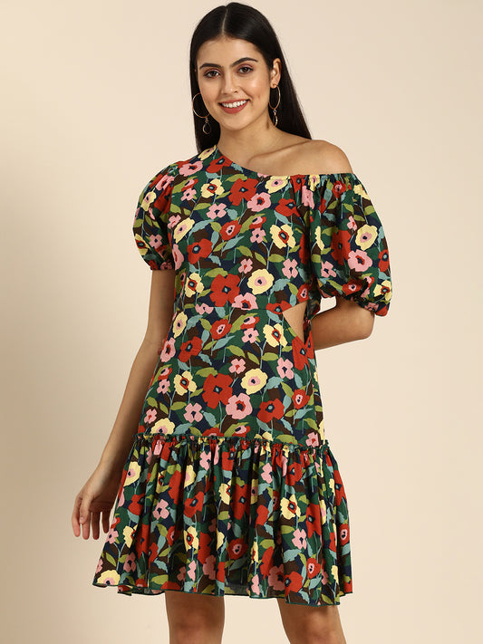 Multicolor One Shoulder Floral Print Mini Dress with Puff Sleeves