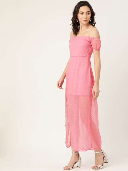 Chic Pink Off-Shoulder Maxi Dress for Women – Sheer Slit Party Wear Summer Outfit