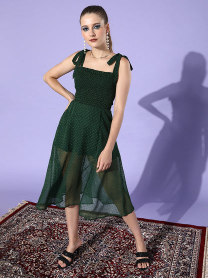 Green Smocked Midi Dress with Tie-Up Straps & Sheer Polka Dot Overlay