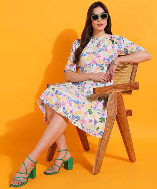 White Floral Print Midi Dress | Puff Sleeve Summer A-Line Dress
