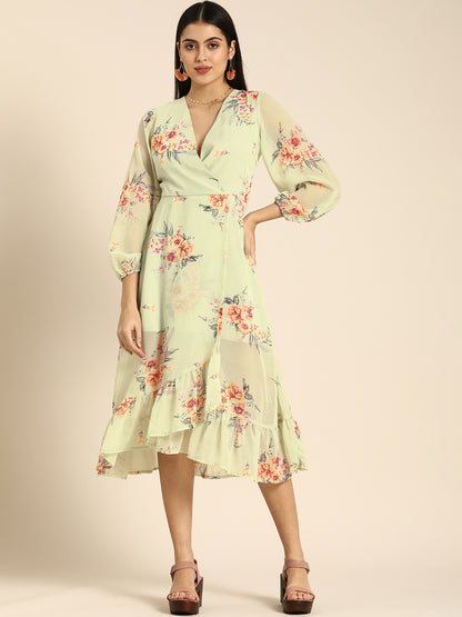 Pastel Green Floral Wrap Midi Dress with Ruffle Hem & Puff Sleeves Elegant Summer Look