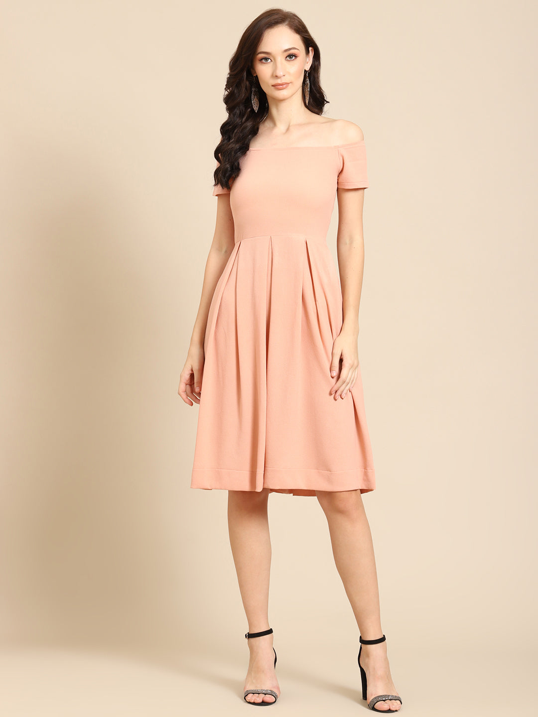 Elegant Peach Off Shoulder Pleated Midi Dress for Women