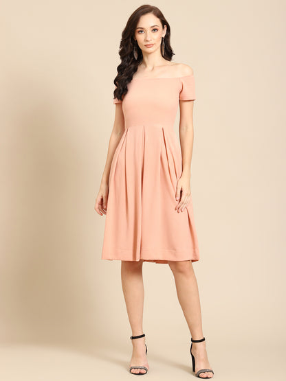 Elegant Peach Off Shoulder Pleated Midi Dress for Women