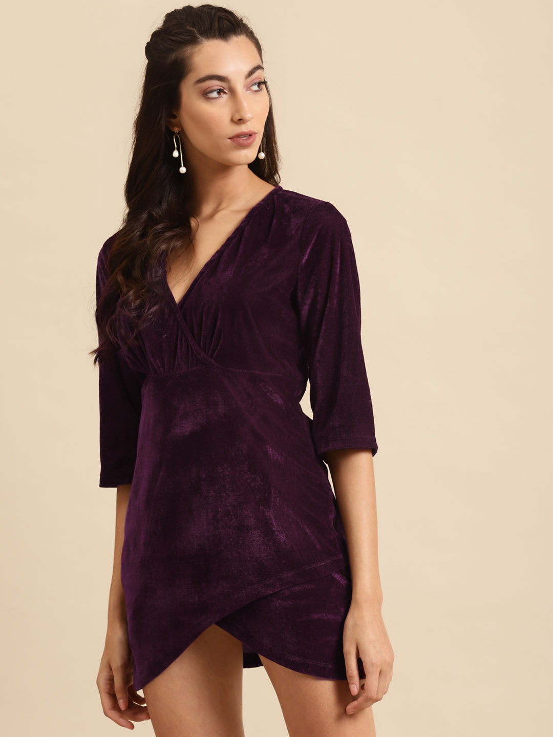 Purple Velvet Wrap Mini Dress with 3/4 Sleeves
