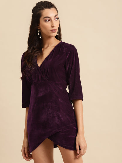 Purple Velvet Wrap Mini Dress with 3/4 Sleeves