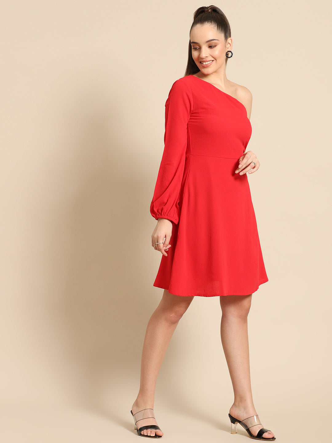 Red One Shoulder A-Line Mini Dress for Women | Stylish Casual Party Wear