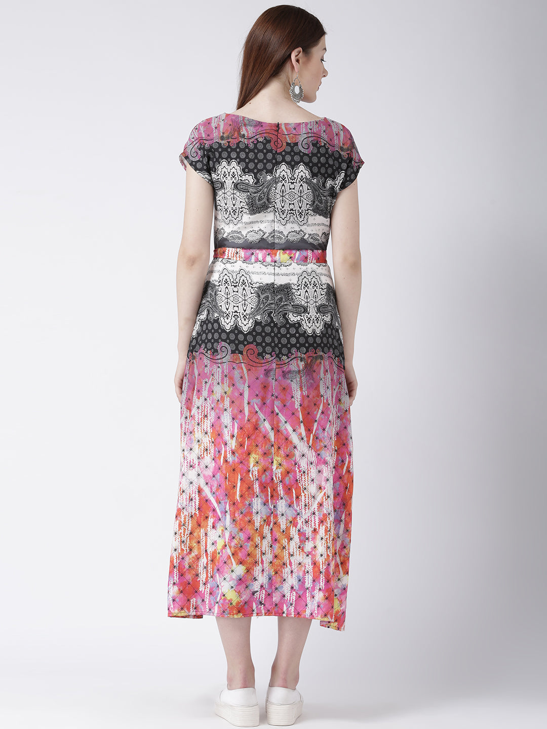 Women's Multicolor Printed A-Line Midi Dress with Belt