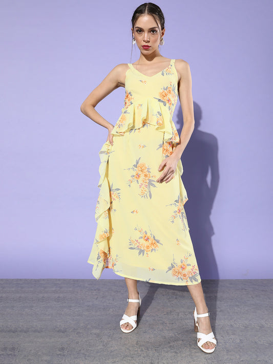 Pastel Yellow Floral Ruffle Midi Dress Elegant Summer Vibes