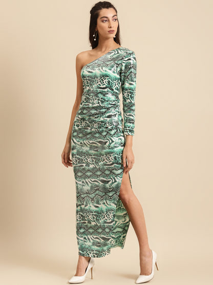 Women Green Animal Print One Shoulder Bodycon Maxi Dress