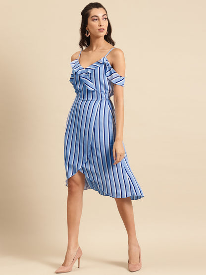 Women Cold Shoulder Blue Striped Wrap Midi Dress