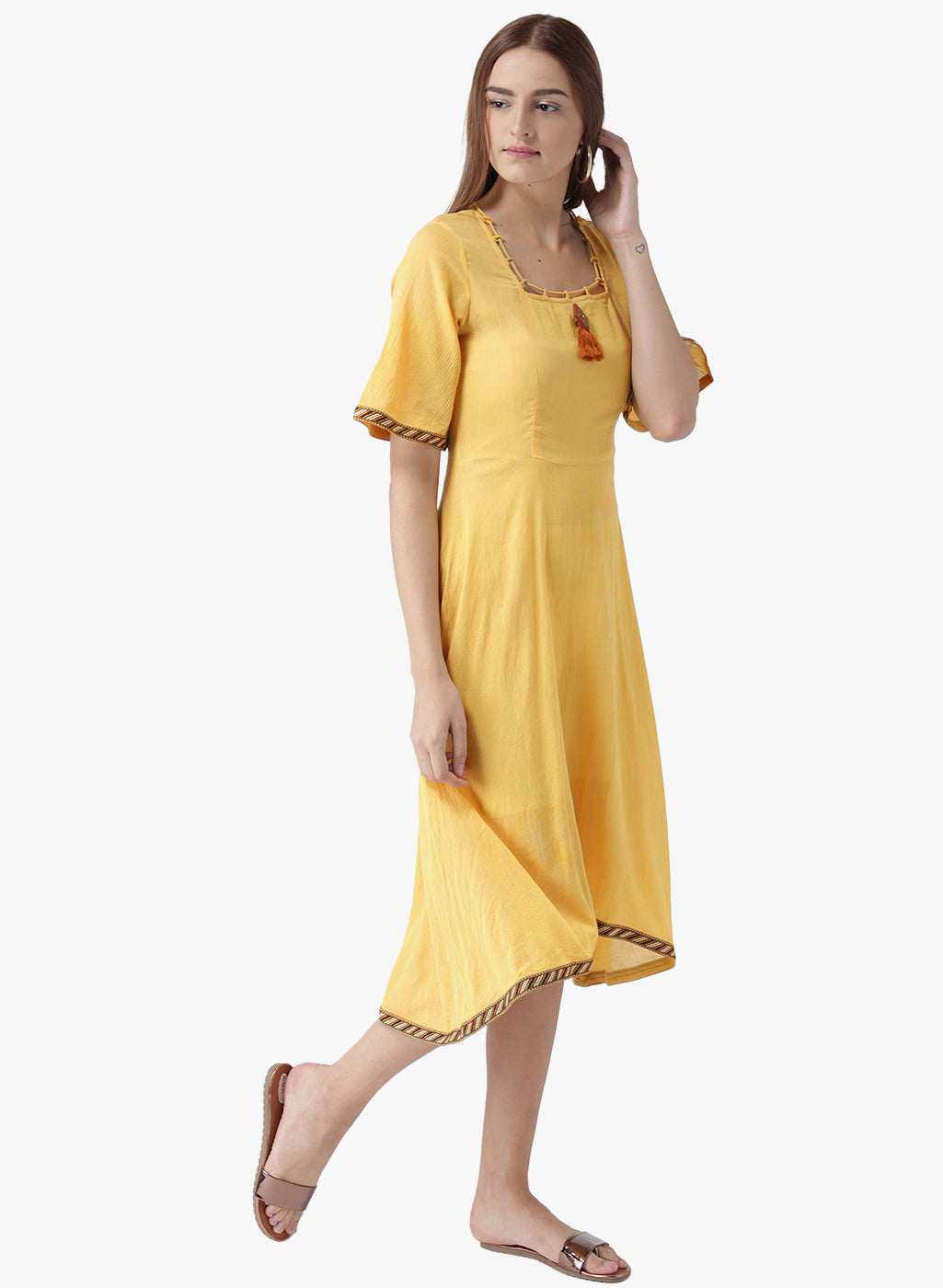 Women's Yellow A-Line Kurta with Tassel Detail and Flared Sleeves