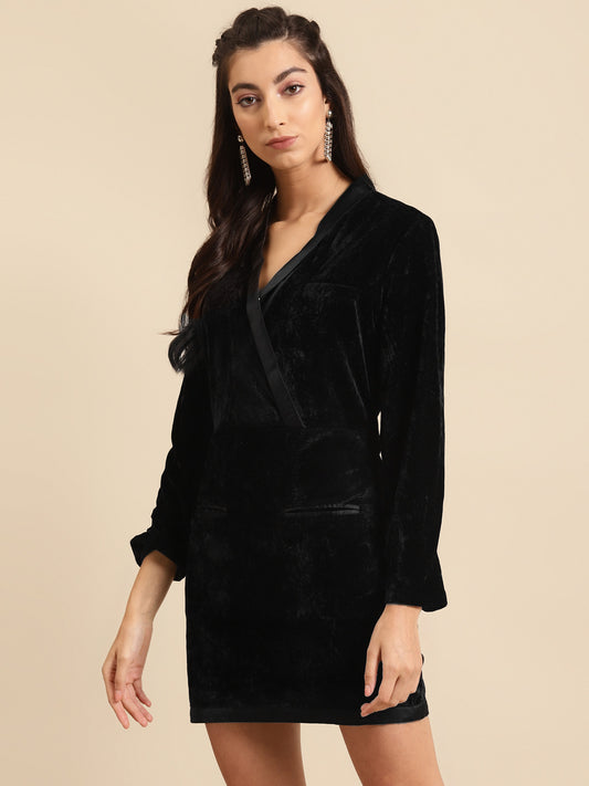 Black Velvet Blazer Style Mini Dress with Satin Trim