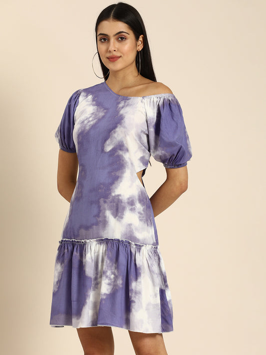 Purple Tie-Dye Off-Shoulder Short Dress with Puff Sleeves