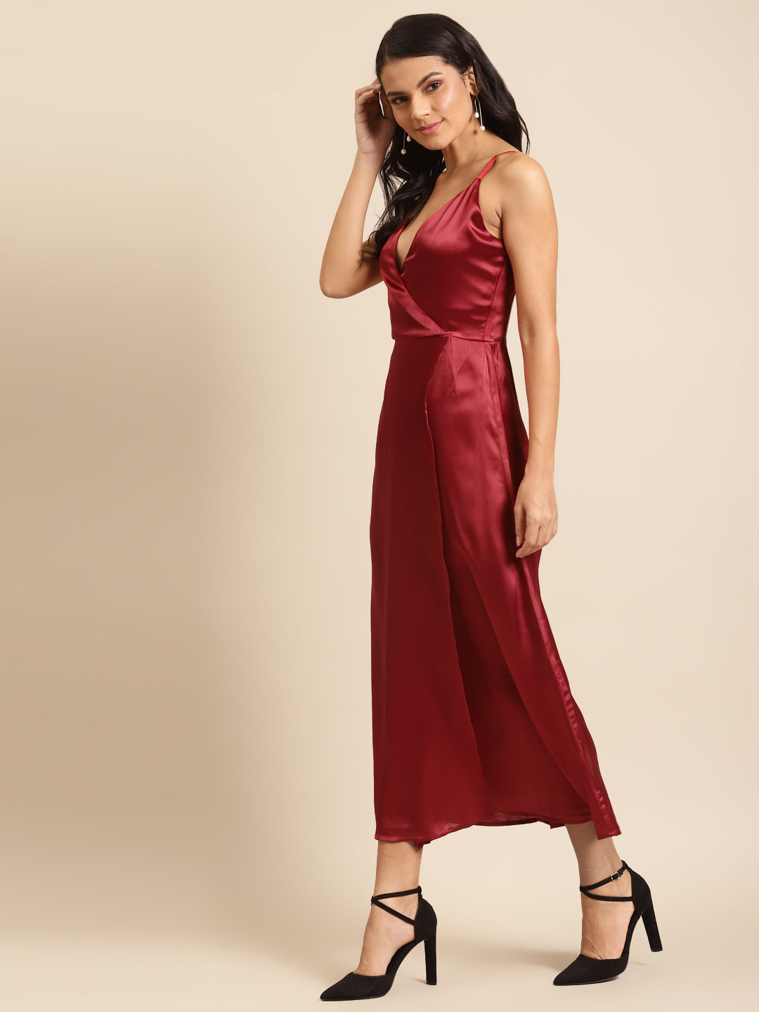 Wine Red Satin Wrap Dress for Women | Spaghetti Strap Midi Dress for Parties