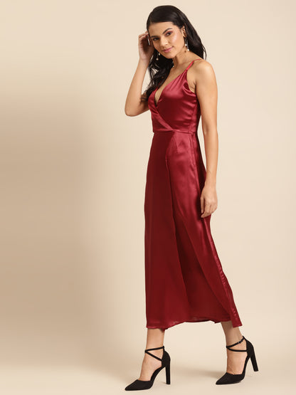 Wine Red Satin Wrap Dress for Women | Spaghetti Strap Midi Dress for Parties