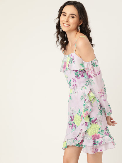 Women’s Cold-Shoulder Lilac Floral Ruffle Mini Dress