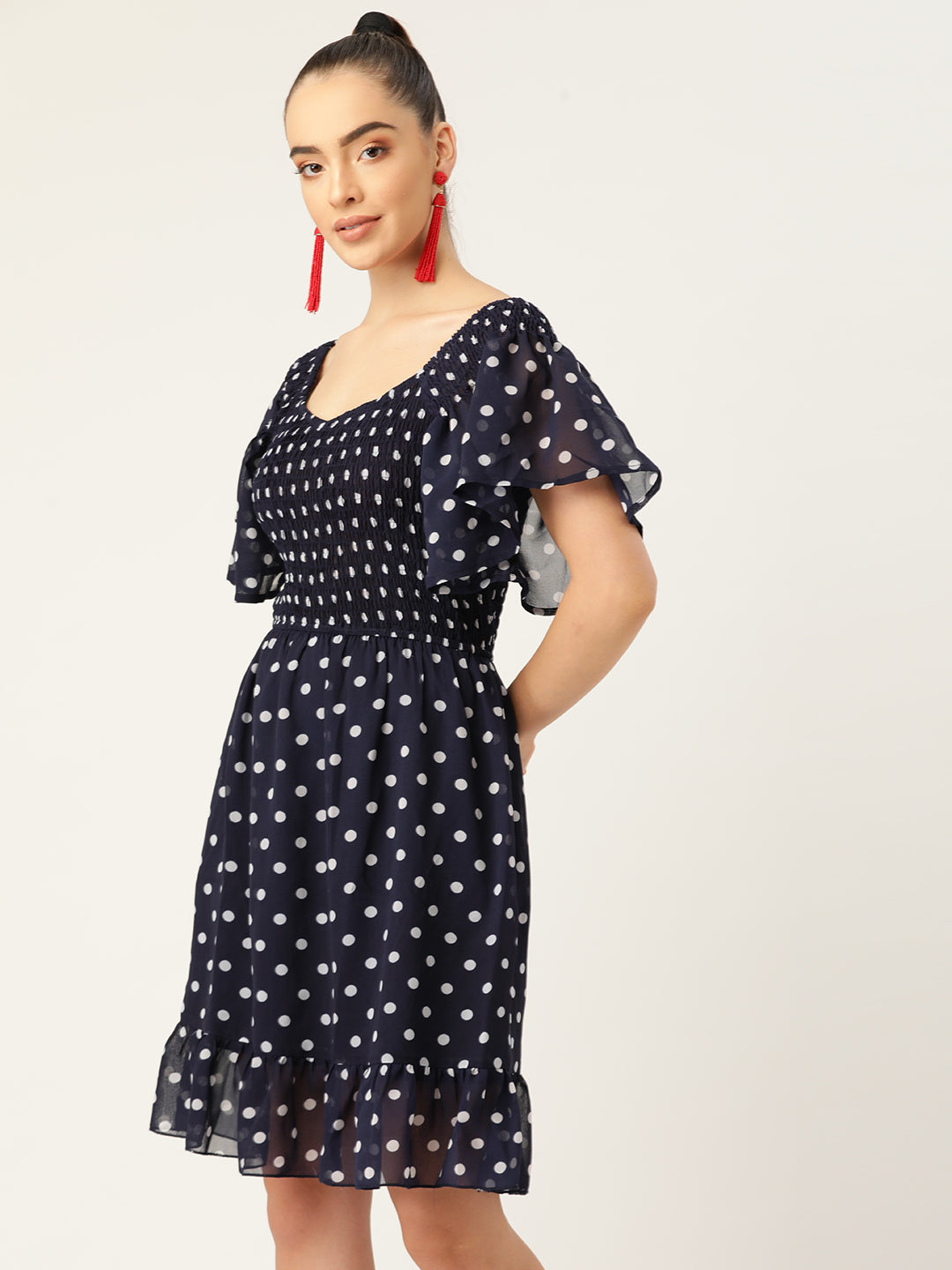 Women Navy Blue Polka Dot Smocked Short Dress