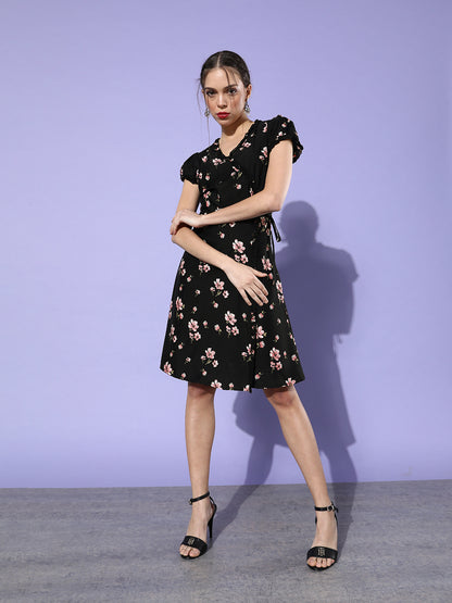 Black Floral Wrap Dress Elegant Puff Sleeve A-Line for Day & Night