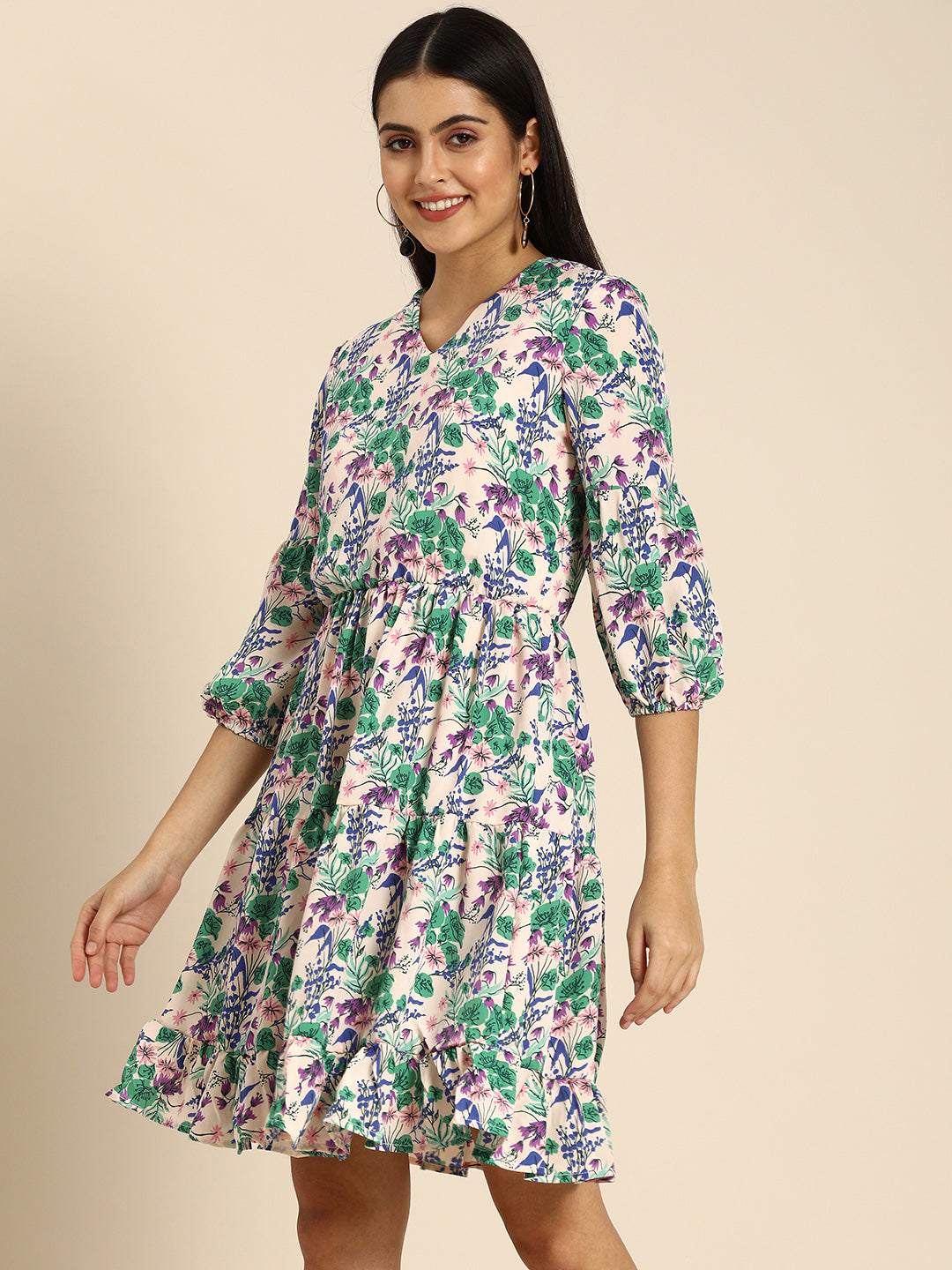 Multicolor Floral Printed Mini Dress with Puff Sleeves – Casual & Summer Wear