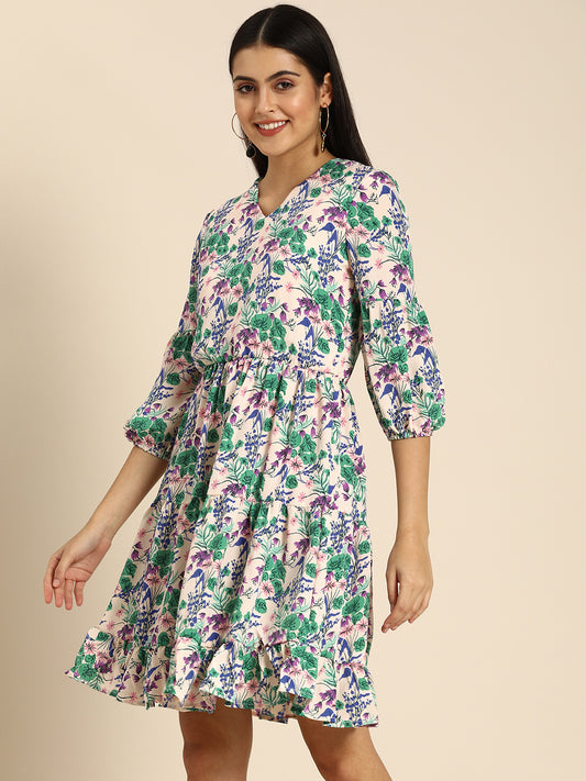 Multicolor Floral Printed Mini Dress with Puff Sleeves – Casual & Summer Wear