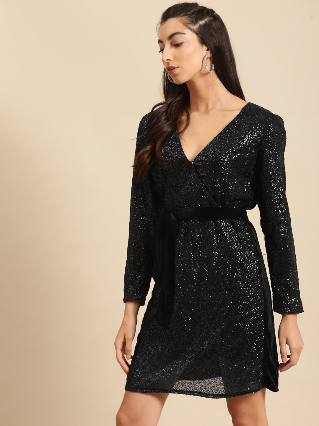 Women Black Sequin Wrap Mini Dress with Belt