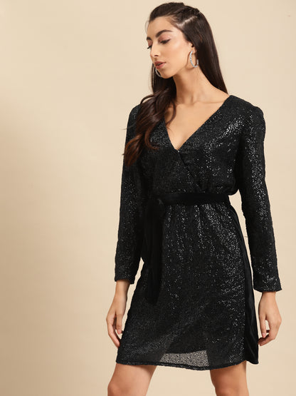 Women Black Sequin Wrap Mini Dress with Belt