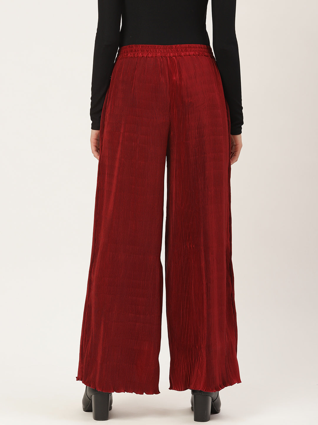 Maroon Pleated Wide Leg Palazzo Pants for Women – High Waist Trendy Party & Casual Wear