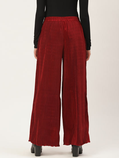 Maroon Pleated Wide Leg Palazzo Pants for Women – High Waist Trendy Party & Casual Wear