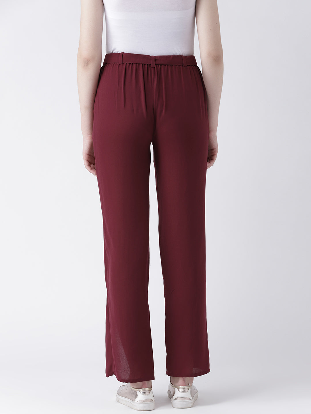 Maroon High Waist Slit Hem Trousers for Women with Tie-Up Belt