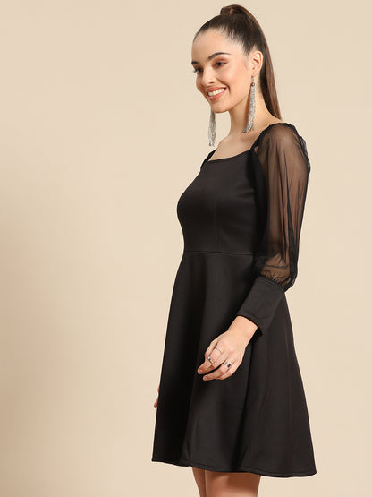 Black Fit & Flare Mini Dress for Women with Sheer Puff Sleeves – Party & Cocktail Wear