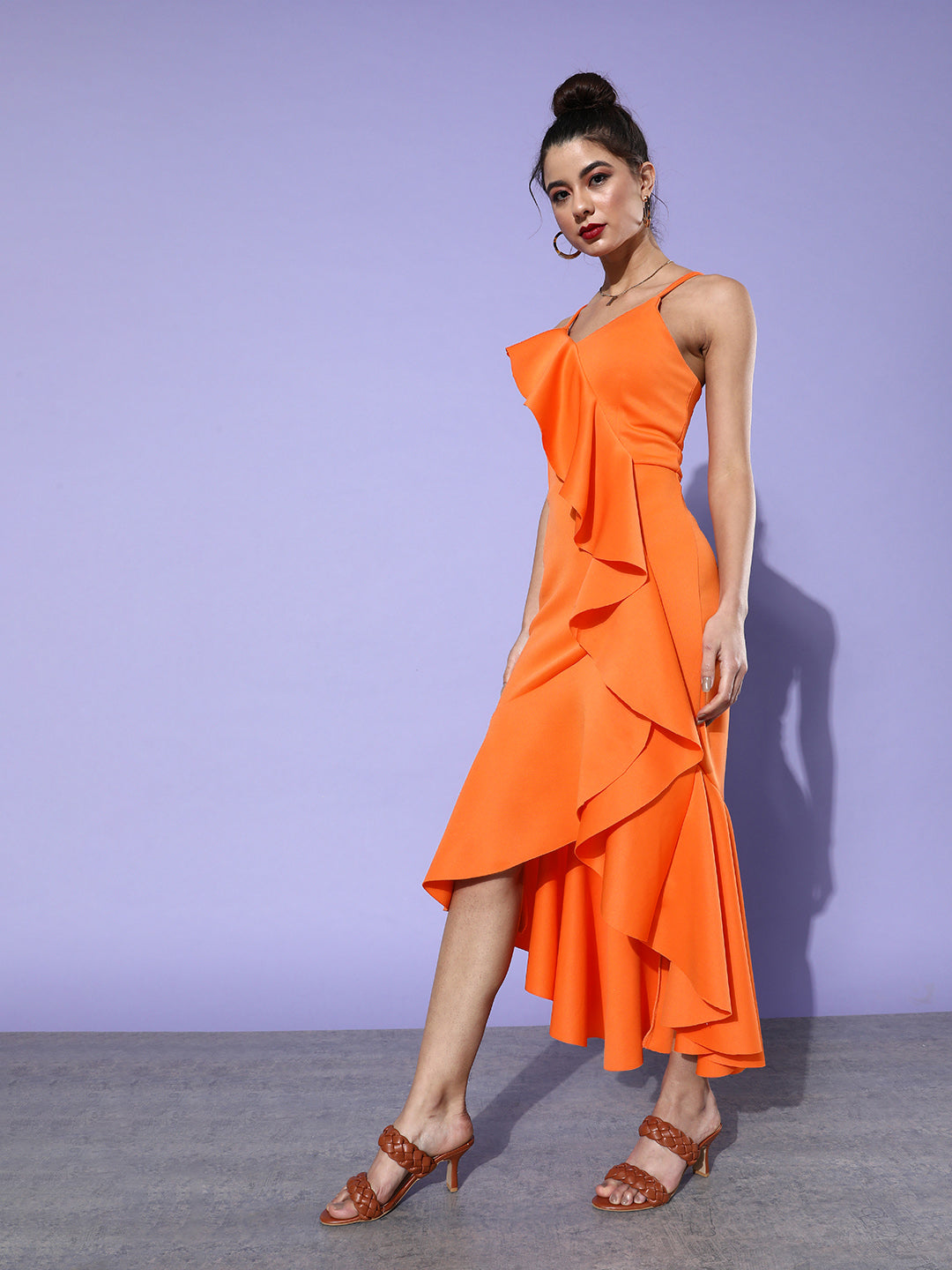 Bold Orange Ruffle Bodycon Dress Statement Partywear with Spaghetti Straps