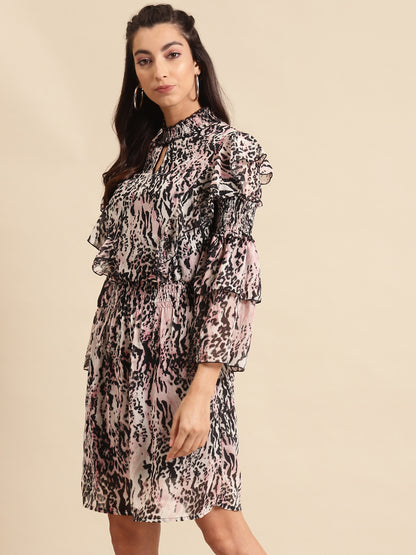 Women Animal Print Ruffle Sleeve Smocked Waist Mini Dress