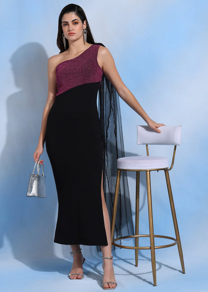Women’s One Shoulder Pink Glitter and Black Bodycon Maxi Dress with Side Slit