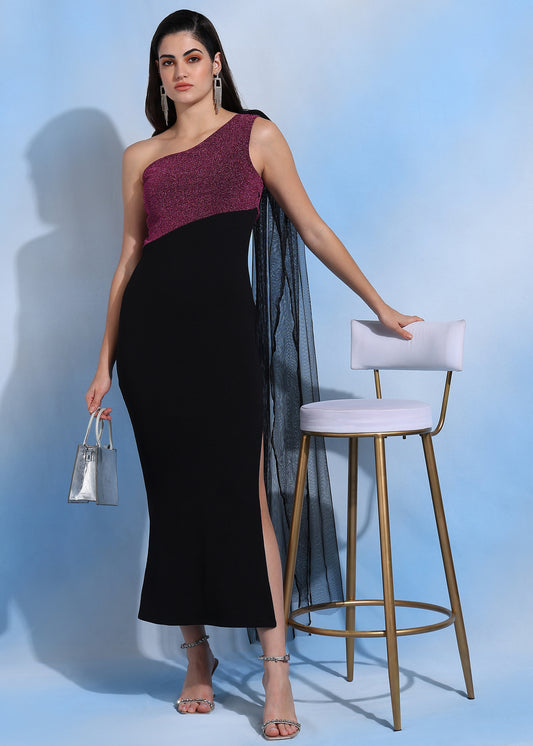 Women’s One Shoulder Pink Glitter and Black Bodycon Maxi Dress with Side Slit