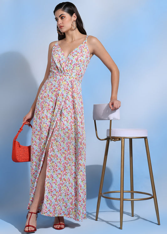 Women Floral Print V-Neck Spaghetti Strap Maxi Dress with Side Slit