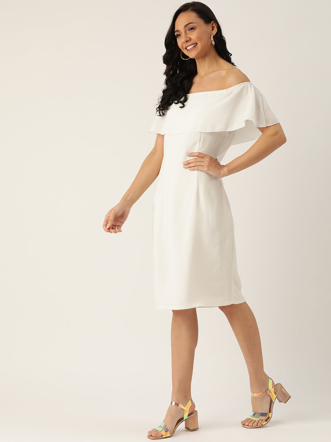 Women's White Off-Shoulder Bodycon Dress Elegant Knee-Length Western Dress for Parties