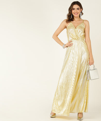 Elegant Gold Metallic Pleated Dress with V-Neck and Spaghetti Straps