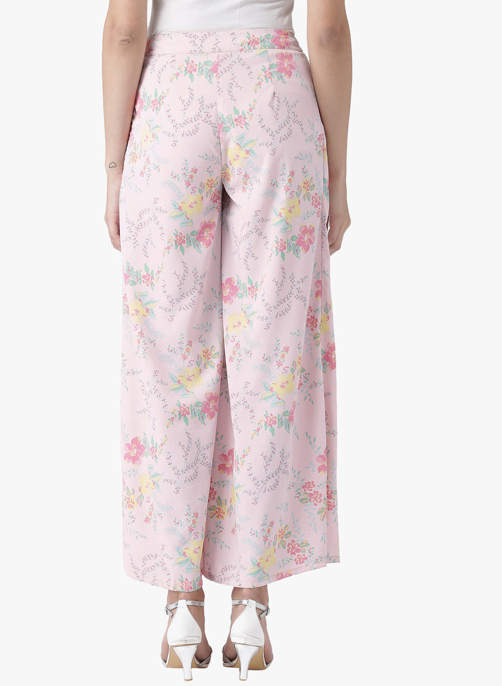 Women's Pink Floral Printed Wide-Leg Palazzo Pants with Pleats