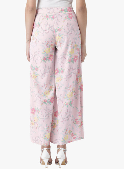 Women's Pink Floral Printed Wide-Leg Palazzo Pants with Pleats